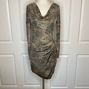 Cache Leopard Ruched Zipper Detail Dress Small Gold Brown Animal Print Stretch